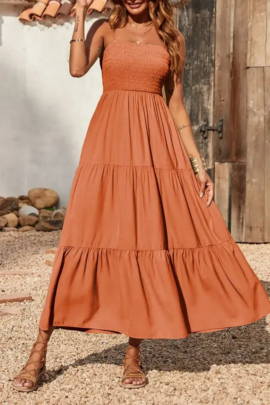 Sleeveless Spaghetti Strap Smocked Tiered Maxi Dress