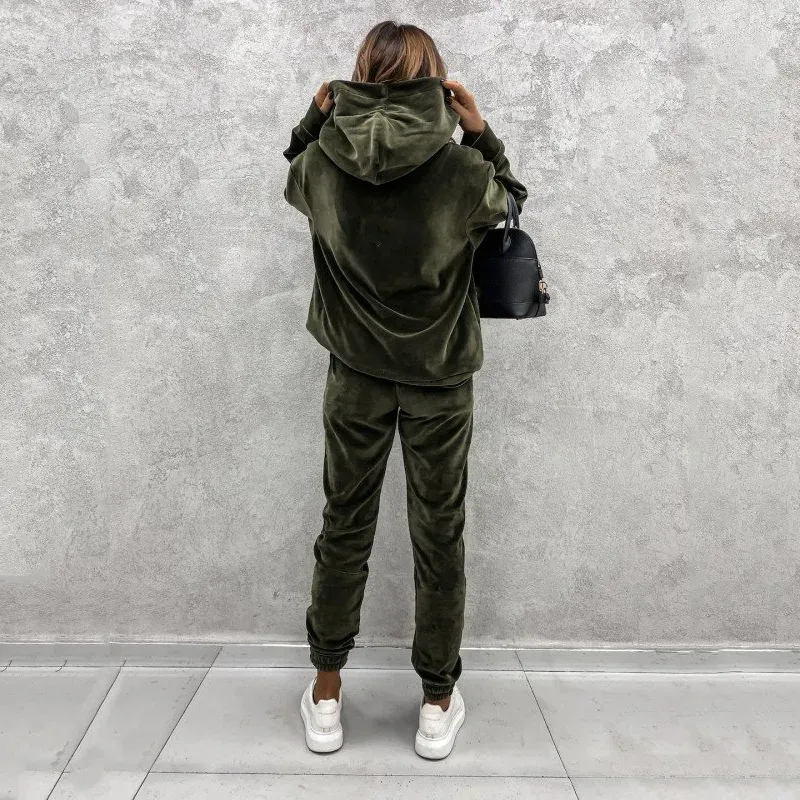 Women's solid color hooded sports casual suit