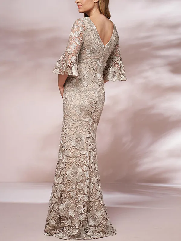 V-neck lace solid color long dress