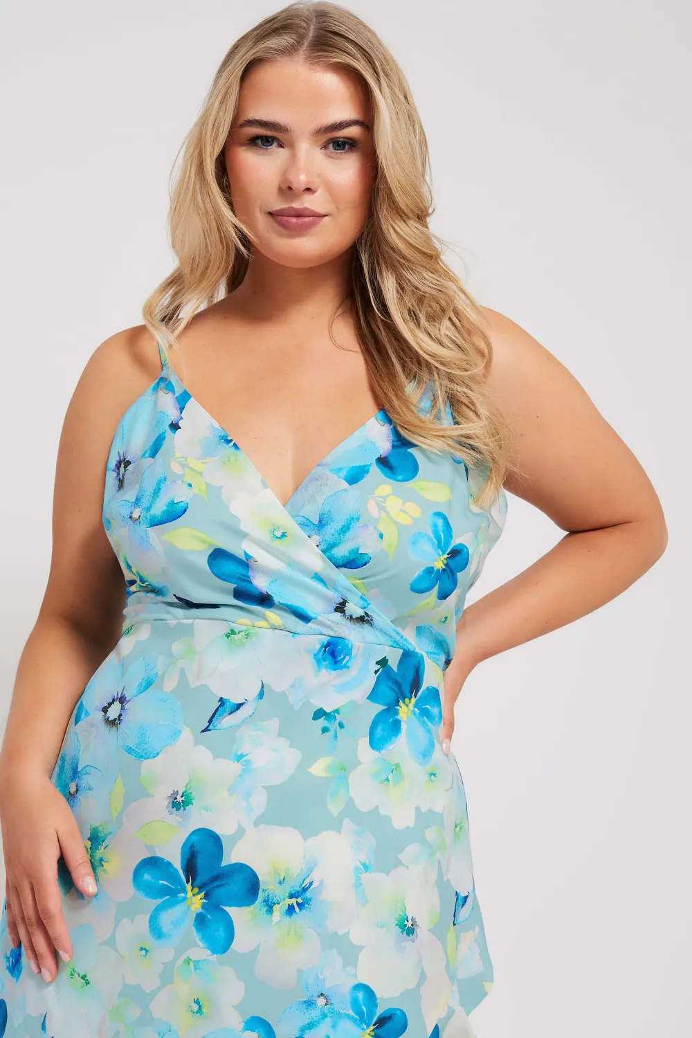 YOURS LONDON Curve Blue Floral Print Ruffle Wrap Dress