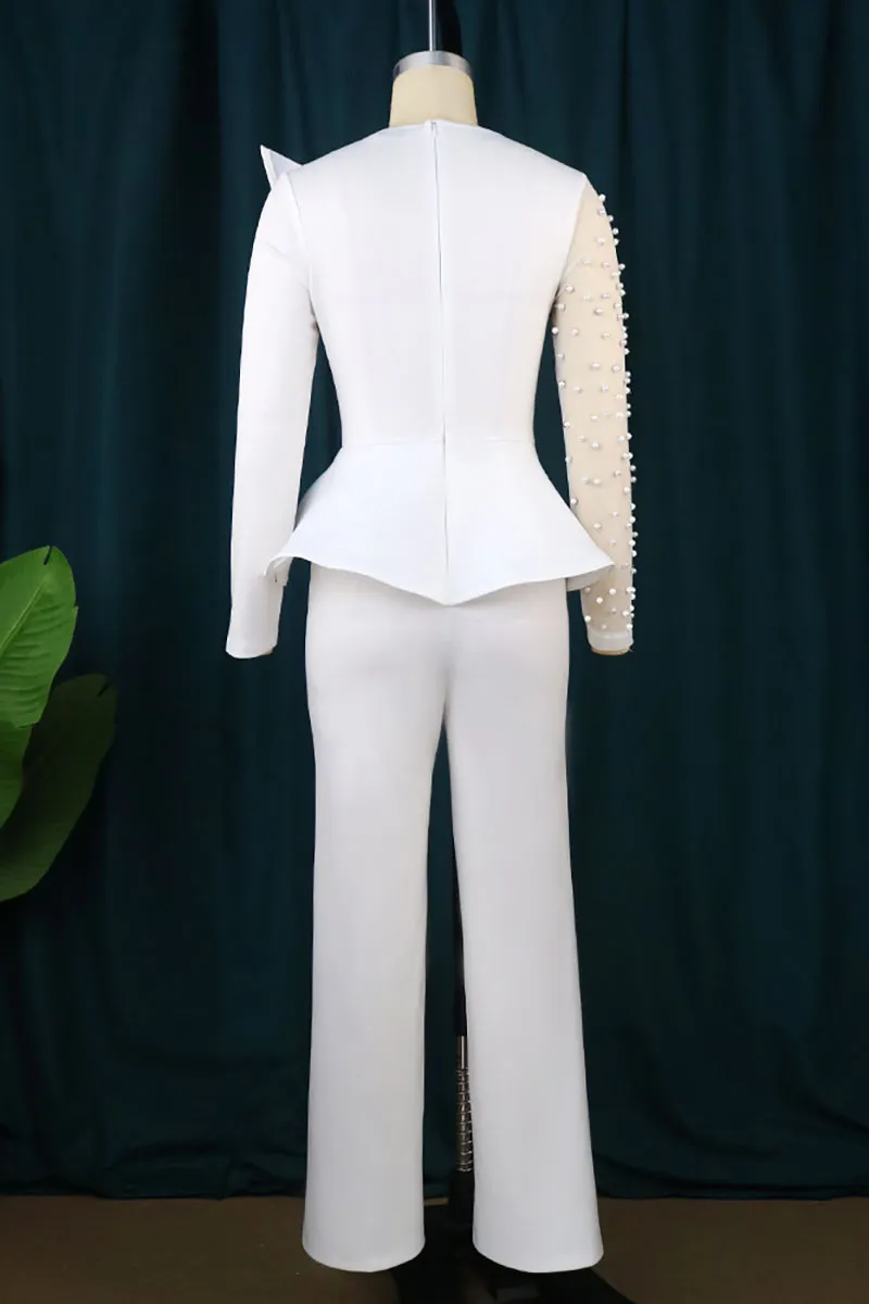 Mesh Patchwork Pearls Long Sleeve Asymmetric Trim Straight Leg Evening White Jumpsuit
