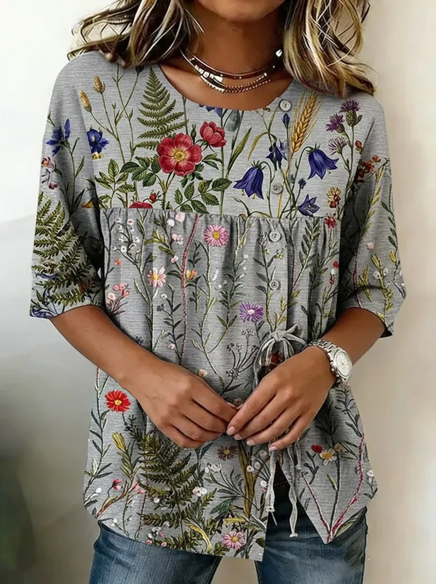 Women's Nashville Botanical Wildflower Printed Button-up Top