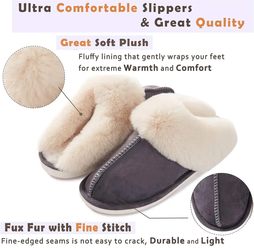 Womens Slipper with Memory Foam Fluffy Soft Warm Slip On House Slippers Anti-Skid Cozy Plush for Indoor Outdoor