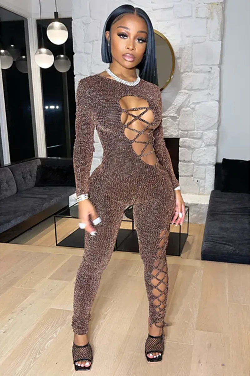 Asymmetric Lace Up See Through Bronzing Cocktail Party Bodycon Jumpsuit-Gray