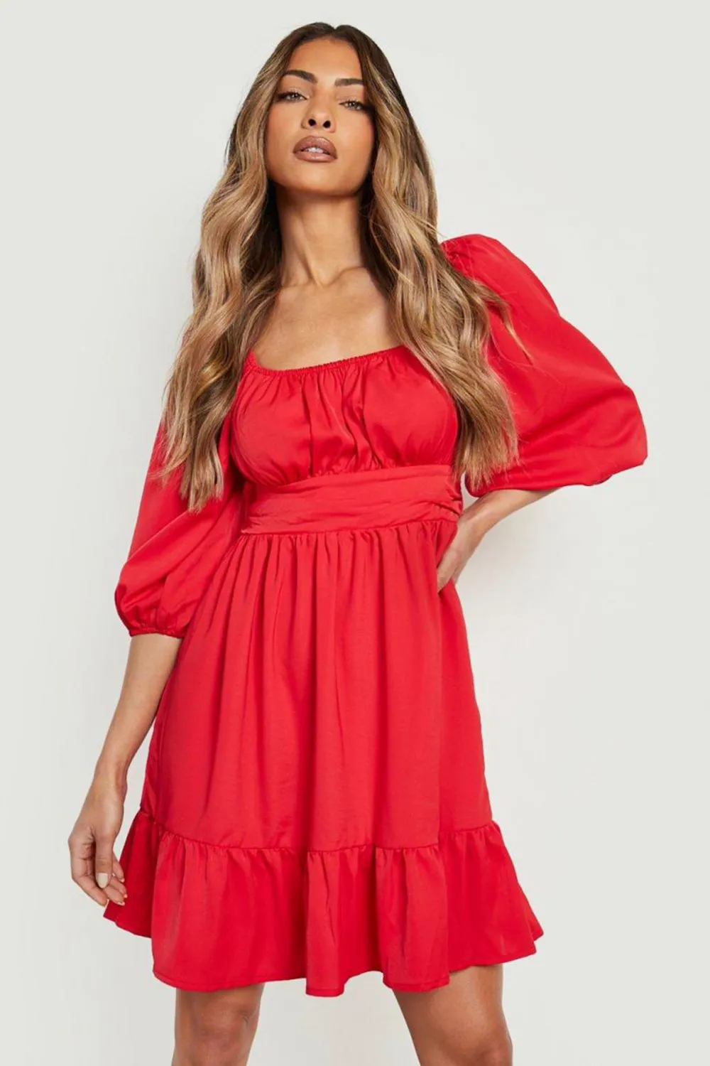 PUFF SLEEVE RUFFLE HEM SMOCK DRESS - RED
