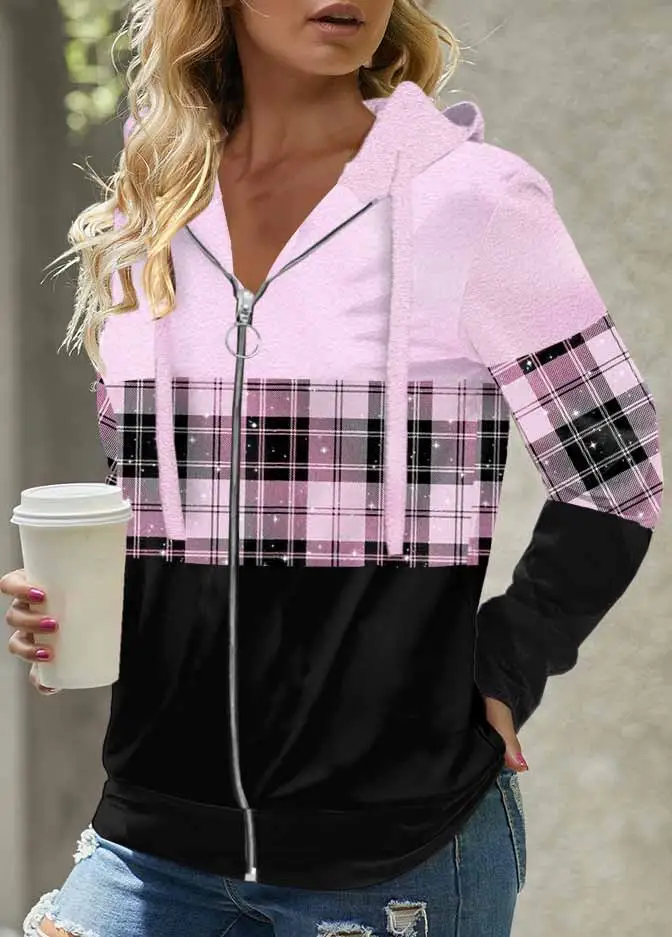 Red Patchwork Plaid Long Sleeve Hoodie