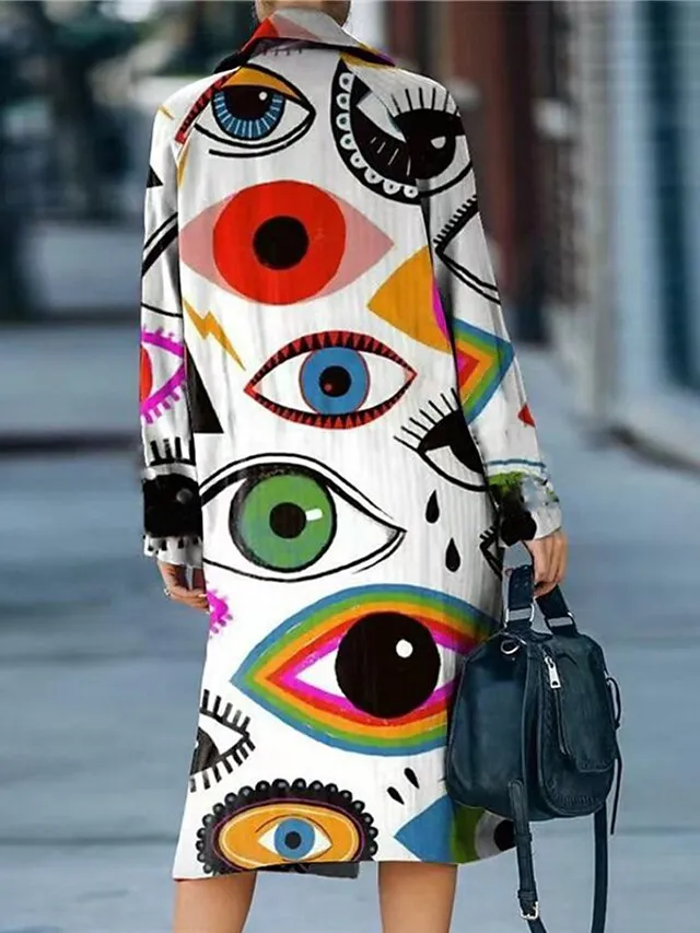 Women's Winter Coat Casual Jacket Warm Breathable Street Daily Going out Pocket Print Open Front Turndown Streetwear Casual Street Style Color Block Regular Fit Outerwear Long Sleeve Fall Spring White