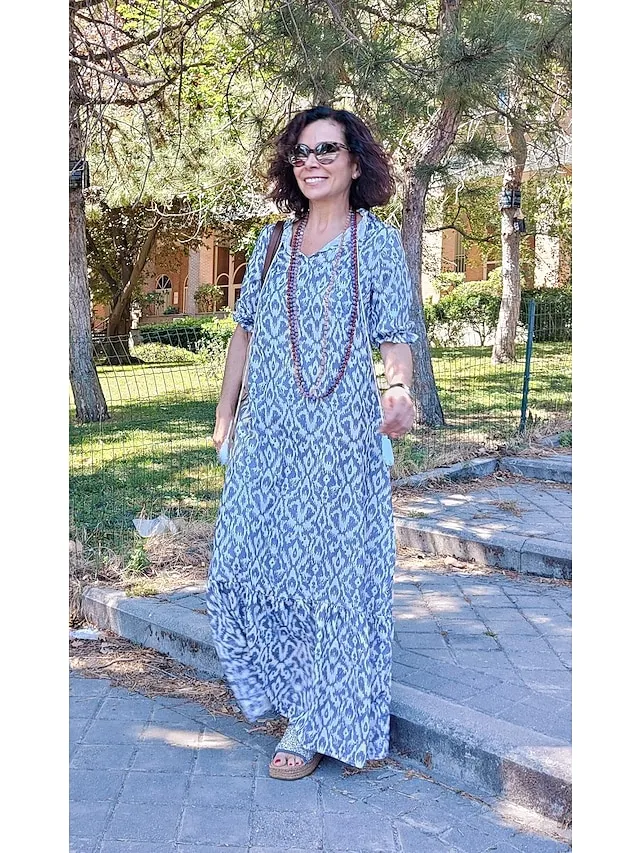 Women‘s A Line Dress Maxi long Dress Purple Half Sleeve Print Ruched Print Spring Summer V Neck Casual Vacation 2023 3XL