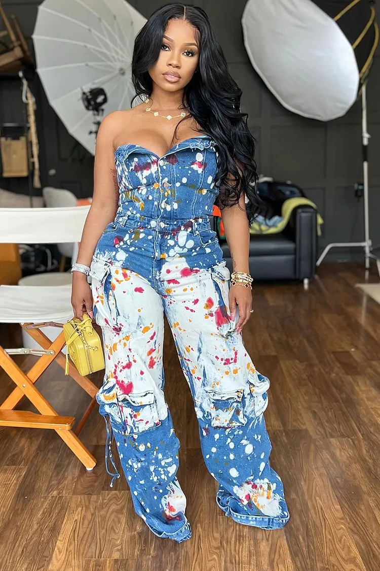 Denim Strapless Splash Ink Print Straight Leg Cargo Jumpsuit-Blue