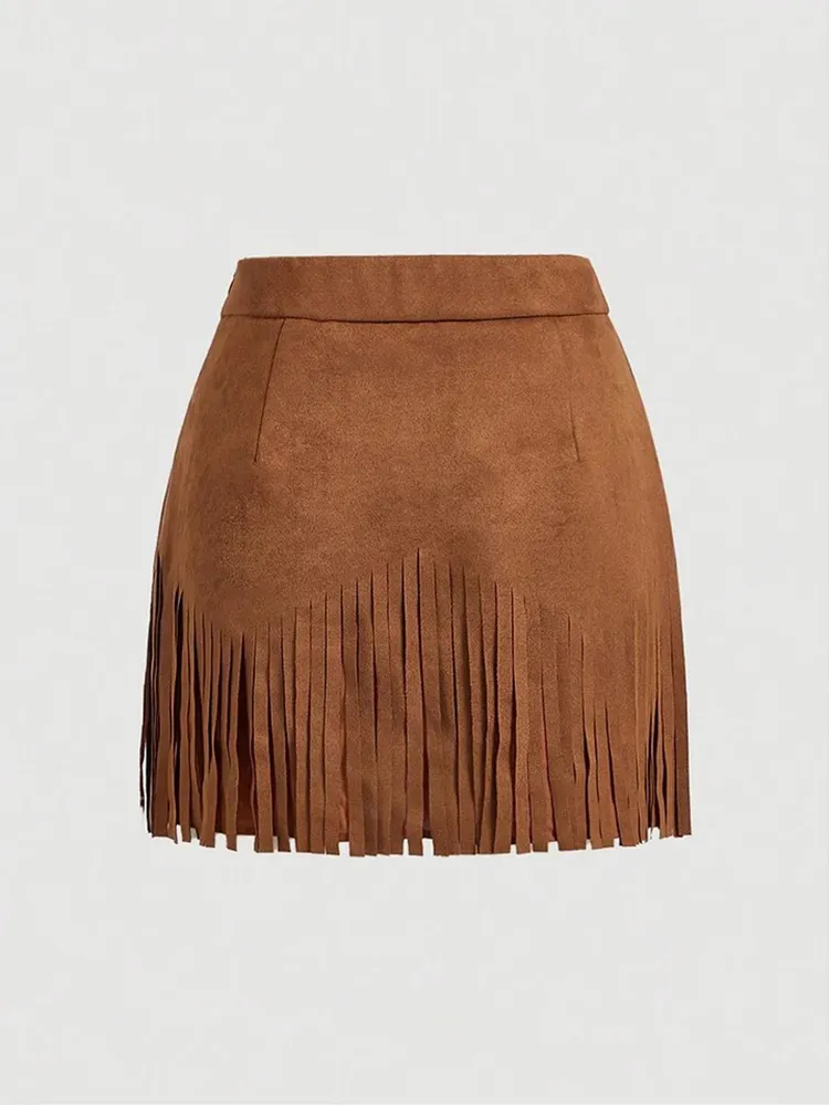 Women'S Vintage Hippie Rivet Fringe Brown Suede A-Line Skirt