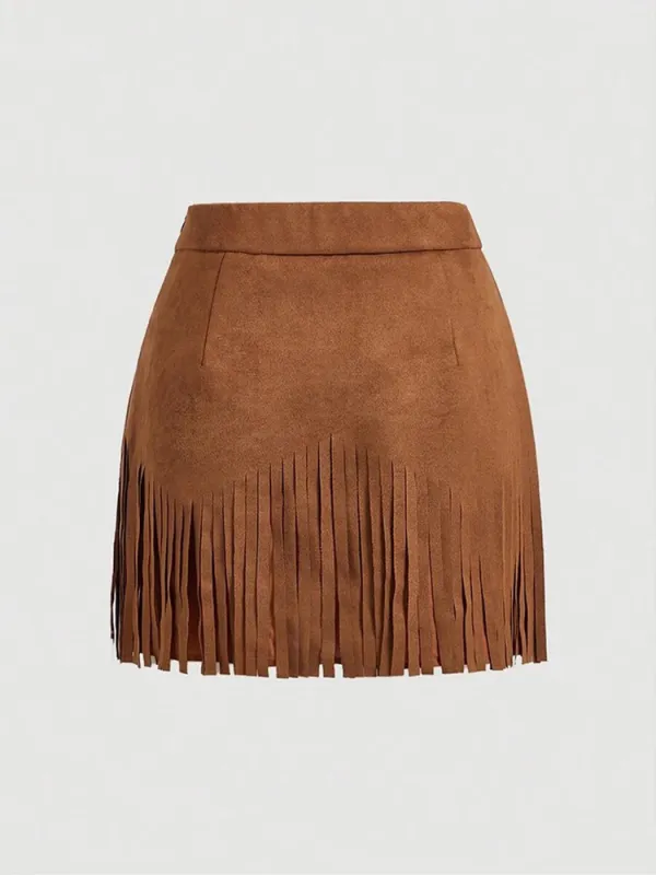 Women'S Vintage Hippie Rivet Fringe Brown Suede A-Line Skirt