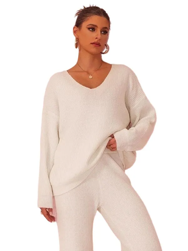 Two-piece Set Women's Solid Color Drop Shoulder Sweater & Pants