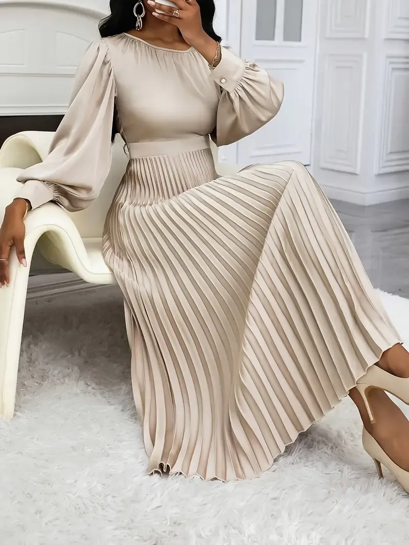 Elegant Maroon Pleated A-Line Dress for Women with Bubble Sleeves - Polyester, Round Neck, Machine Washable, All-Season Elegance