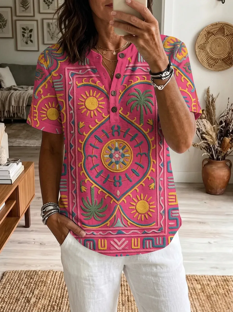 Women's Nashville Boho Sun Palm Printed Henley Shirt