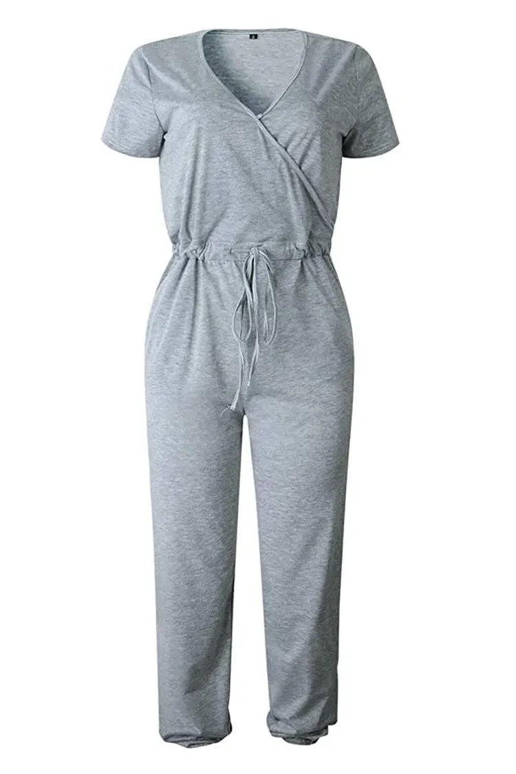 Deep V Neck Wrap Drawstring Waist Jumpsuit