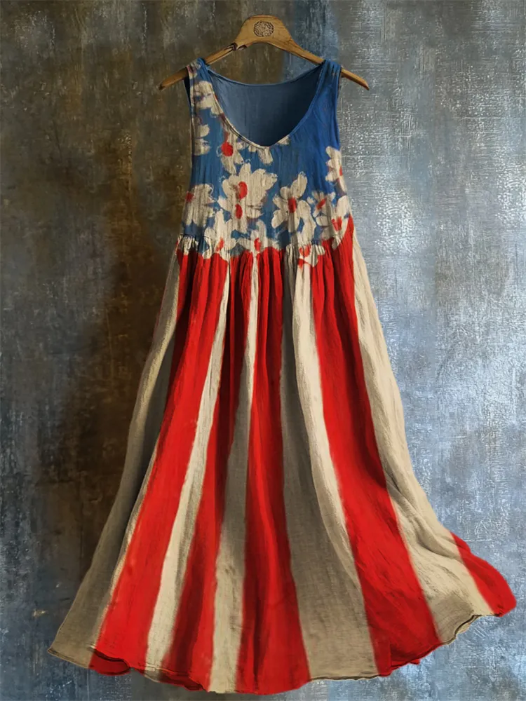 American Flag Inspired Floral Oil Painting Flowy Linen Dress