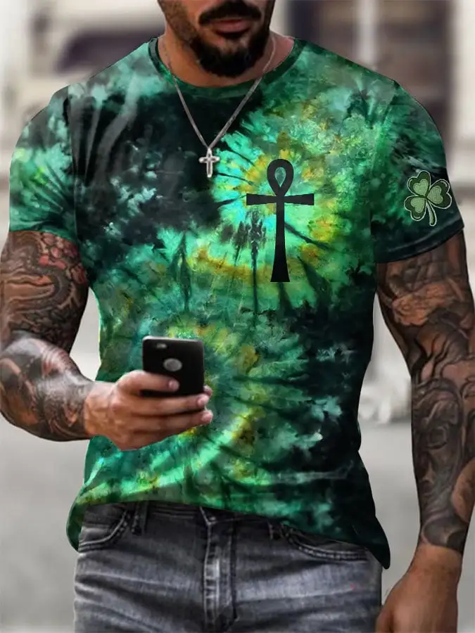 Men's Retro Faith St. Patrick's Day Tie Dye Print T-Shirt