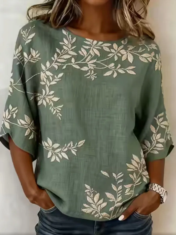 Women'S Retro Floral Art Printed Round Neck Seven Sleeve T-Shirt
