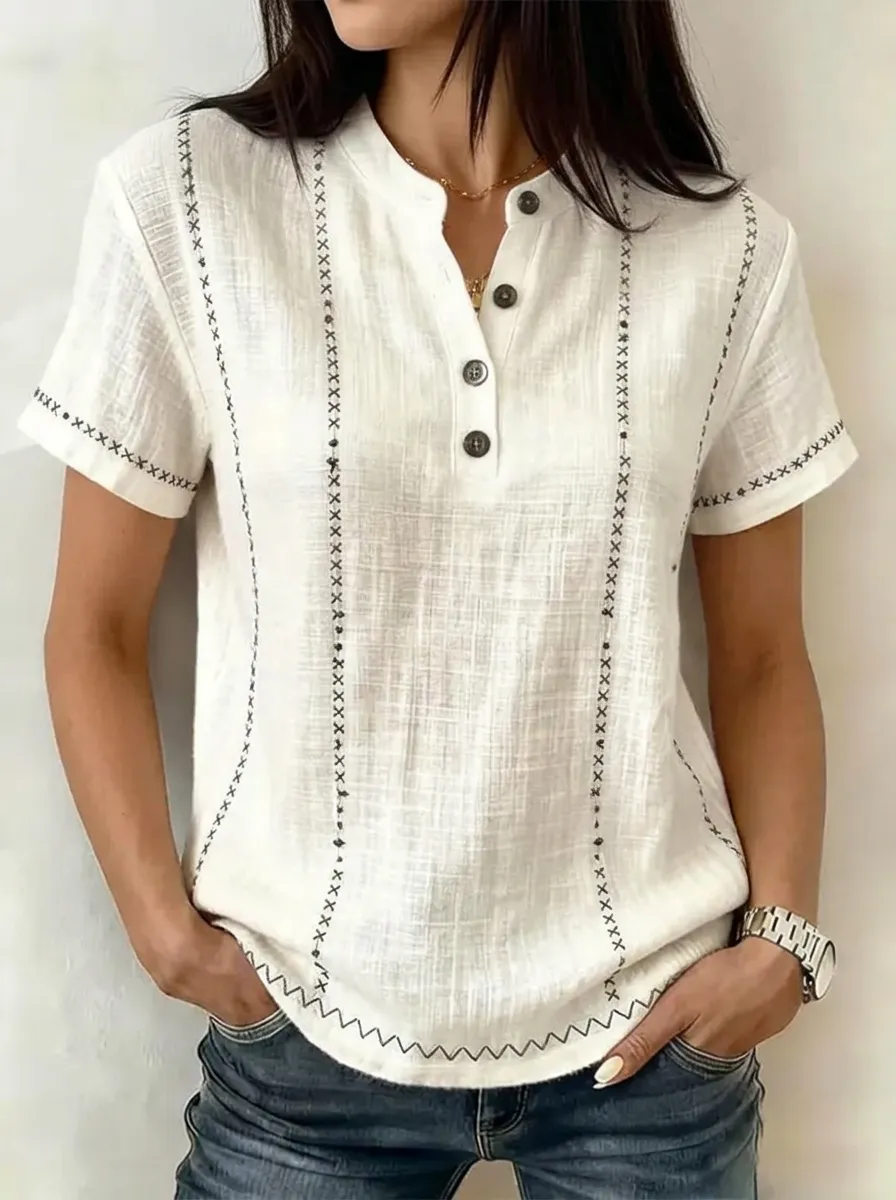 Women's Nashville Country Style Cross-Stitch Printed Henley Shirt