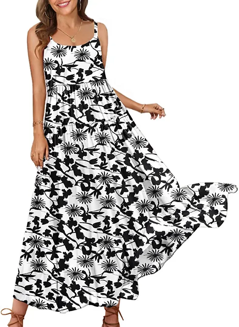 Summer Dresses for Women Casual Loose Bohemian Floral Dress with Pockets Spaghetti Strap Maxi Dress E75