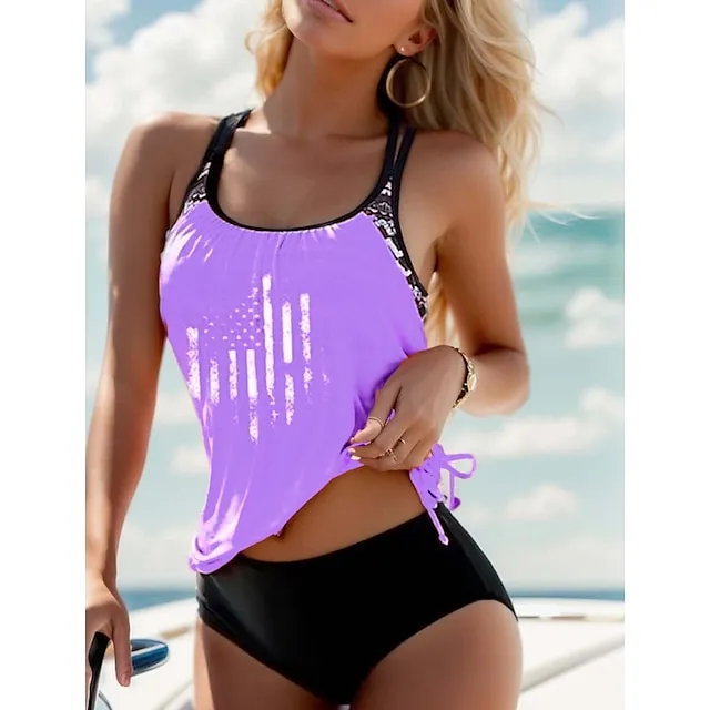 Women's Swimwear Tankini 2 Piece Normal Swimsuit 2 Piece Modest Swimwear High Waisted Striped Stars Black Pink Blue Purple Green Padded Strap Bathing Suits Sports Vacation Beach Wear