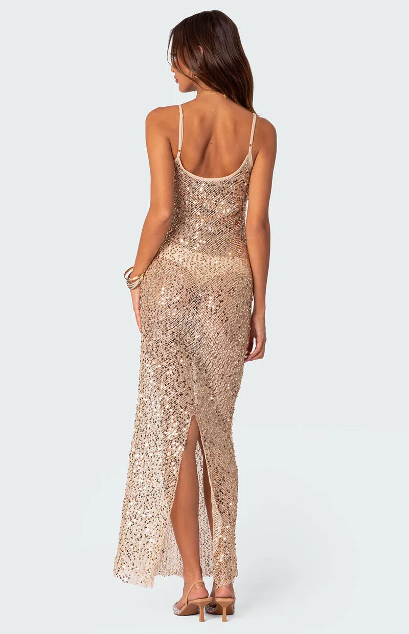 Edikted Sequin Sheer Mesh Maxi Dress