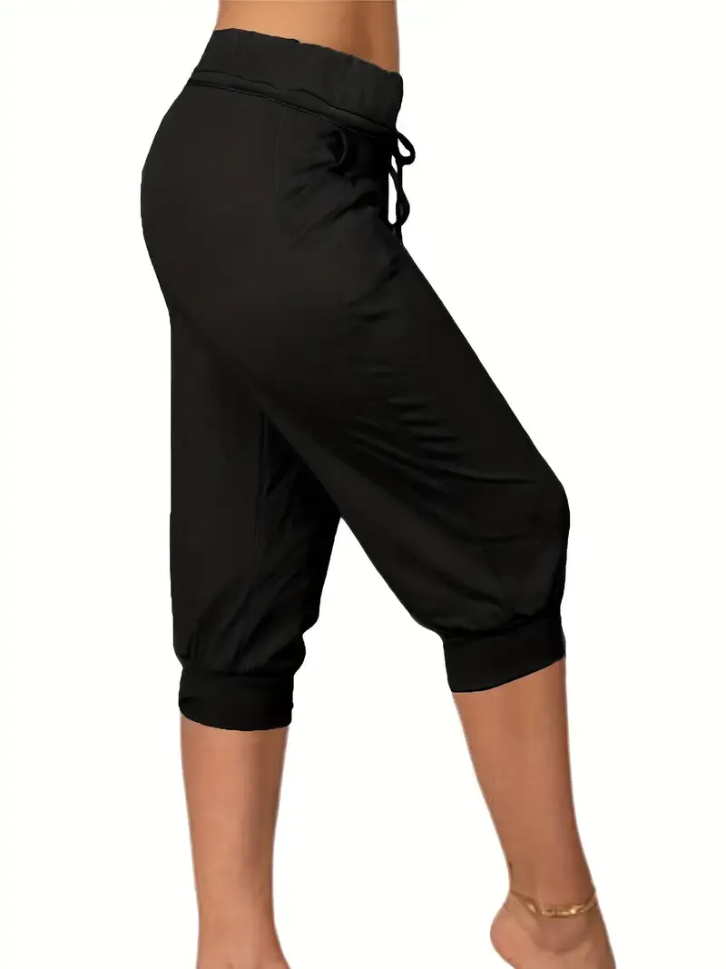 Solid & Casual Elastic Capri Pants - Women's Clothing
