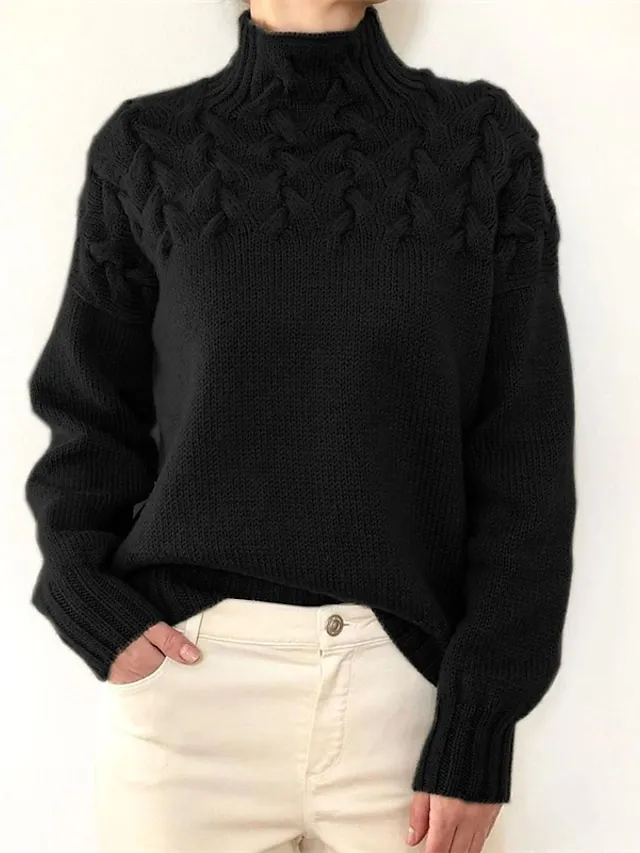 Women‘s Christmas Pullover Sweater Jumper Turtleneck Cable Knit Acrylic Braided Fall Winter Outdoor Daily Going out Xmas Stylish Casual Soft Long Sleeve Pure Color Maillard Black Pink Red S M L