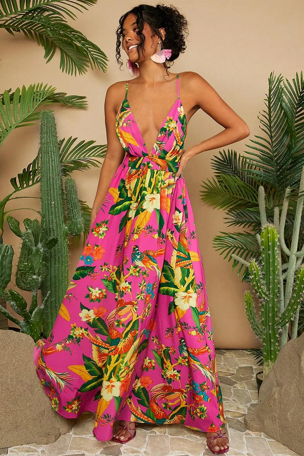 Women's Plant Printed Spaghetti Strap Dress