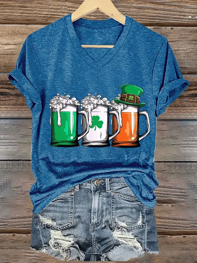 Women's St. Patrick's Day Beer Mug Print V-Neck Short Sleeve T-Shirt