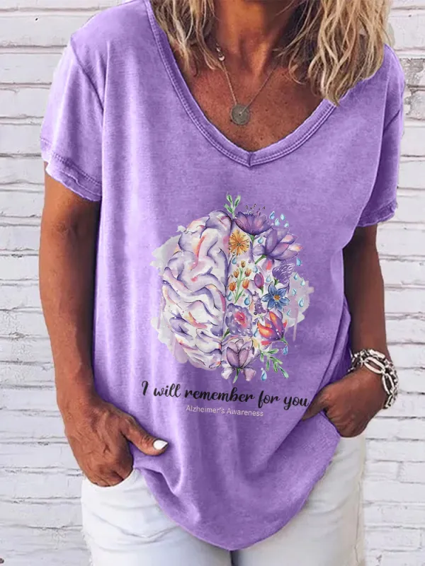 Women'S V-Neck Short-Sleeved T-Shirt I Will Remember For You Alzheimer'S Awareness Prints