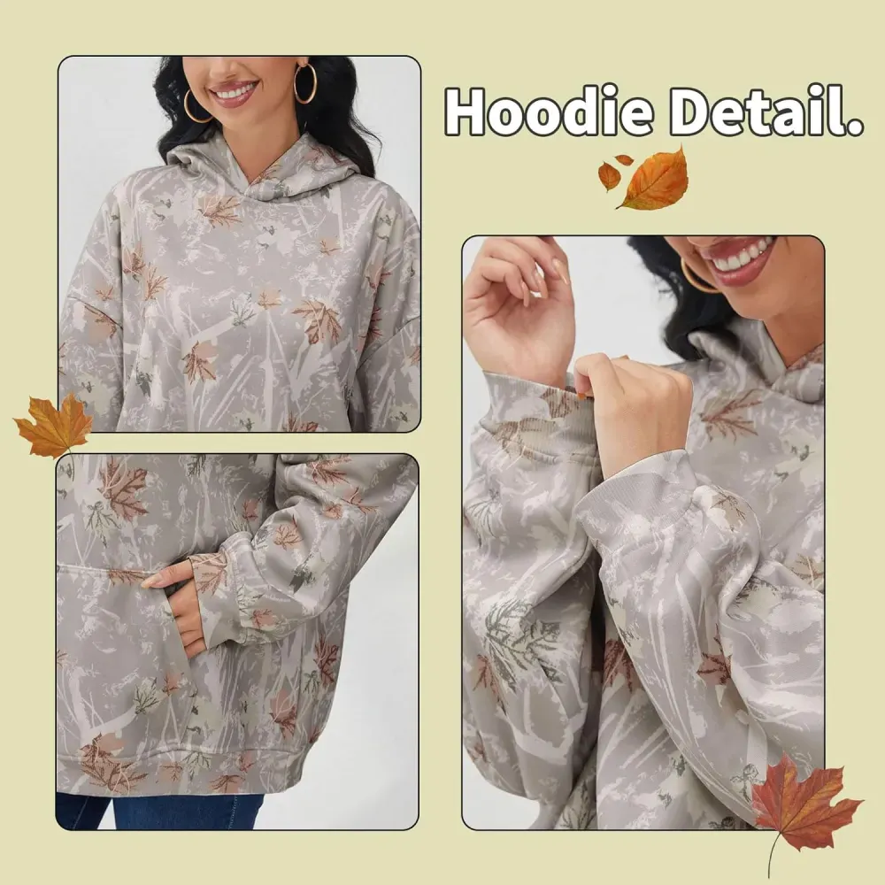 Womens Camo Hoodies Maple Leaf Print Oversized Hooded Sweatshirt Fleece Pullover Sweatshirts Long Sleeve with Pocket