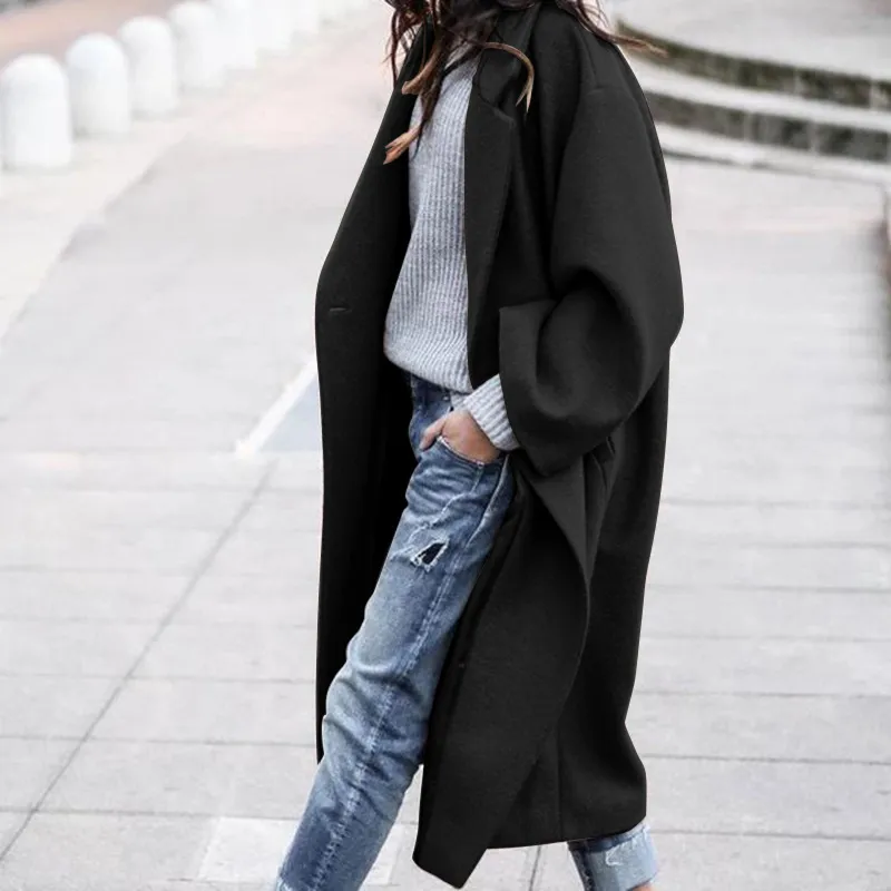 Elegant Long Sleeve Notch Collar Button Detail Oversize Maxi Wool Coat