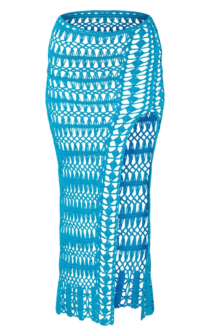 Turquoise Side Split Crochet Knit Maxi Skirt