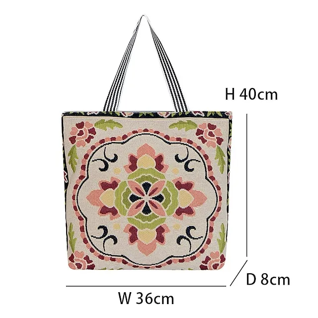 Women's Tote Shoulder Bag Canvas Tote Bag Canvas Shopping Holiday Zipper Large Capacity Foldable Lightweight Geometric Folk Style one Style Three Style two