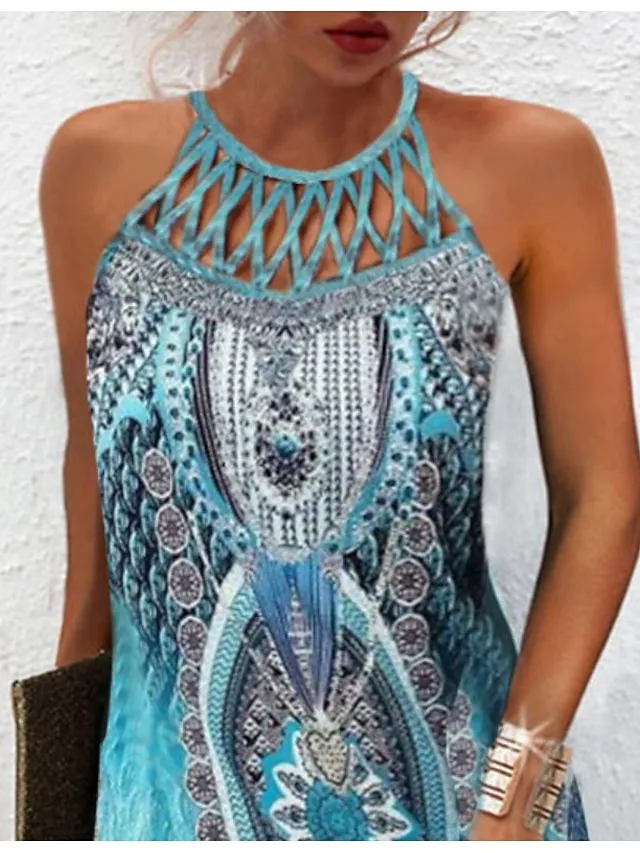 Women's Casual Dress Mini Dress Blue Sleeveless Print Print Spring Summer Halter Casual 2023 S M L XL XXL 3XL