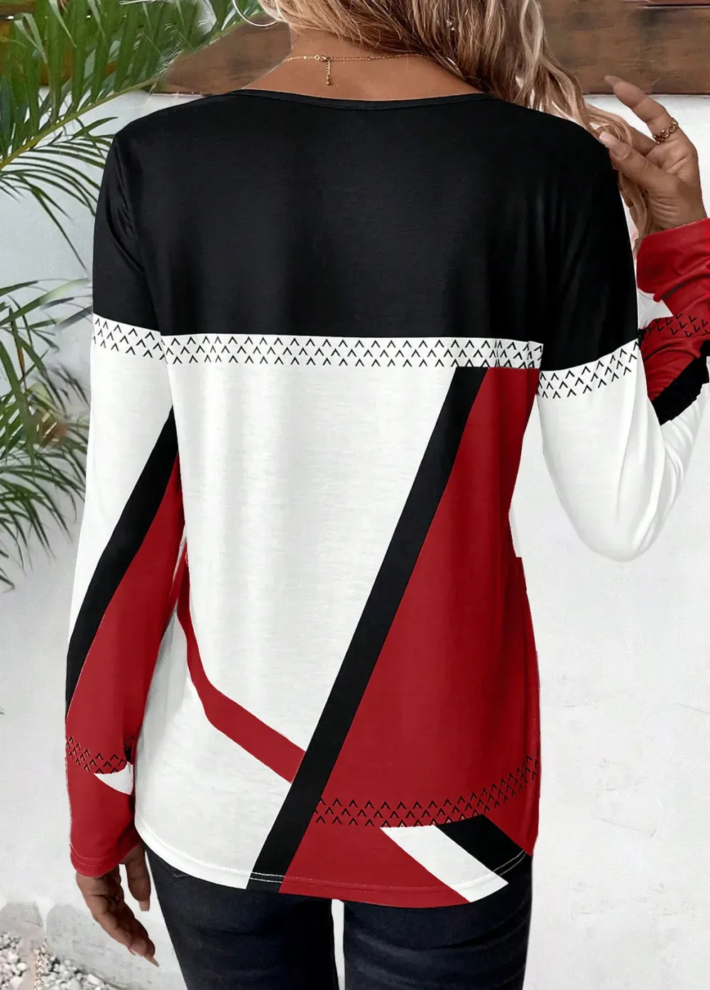 Wine Red Patchwork Geometric Print Long Sleeve T Shirt