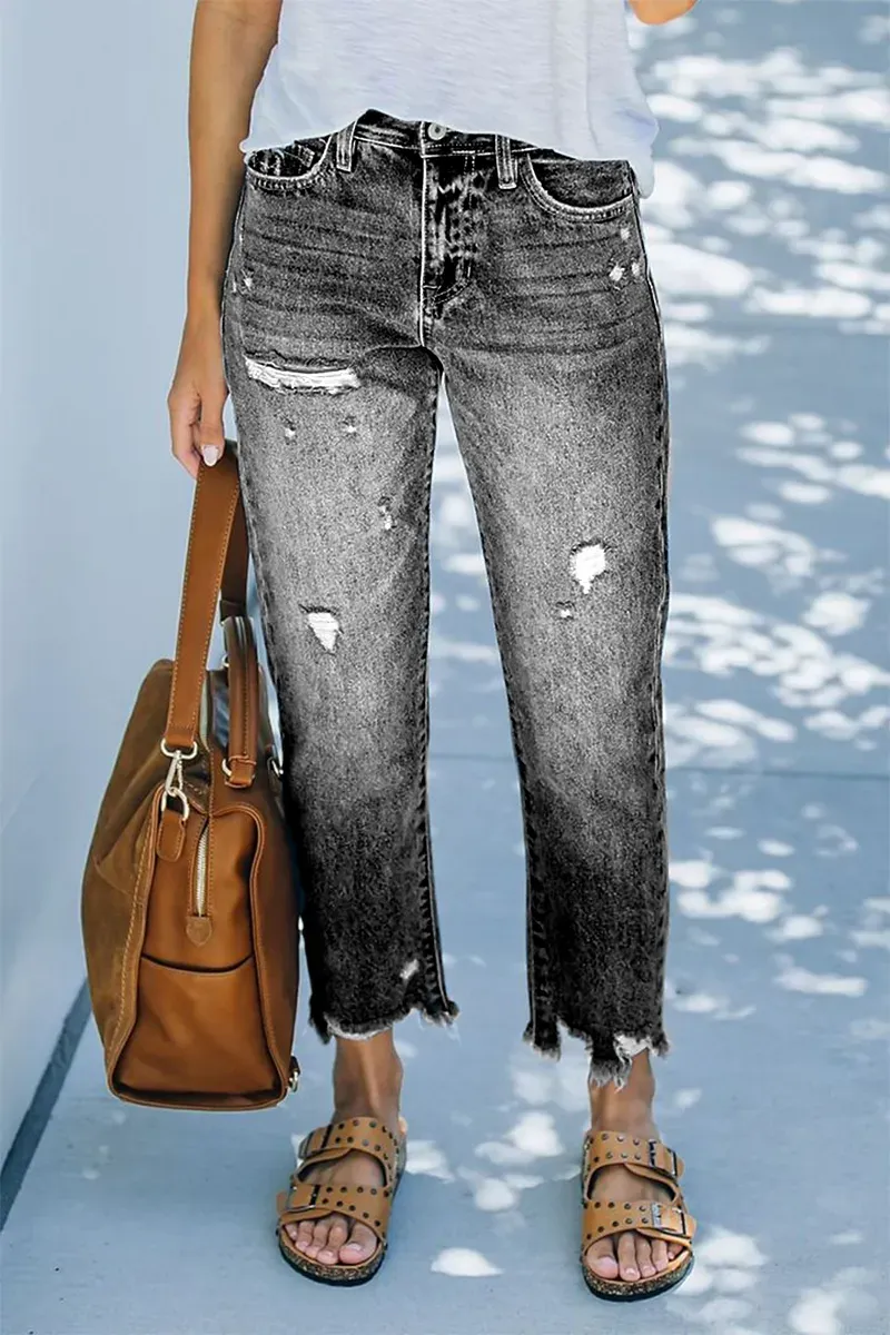 Ripped Raw Hem Zip Fly Mid Rise Straight Leg Jeans