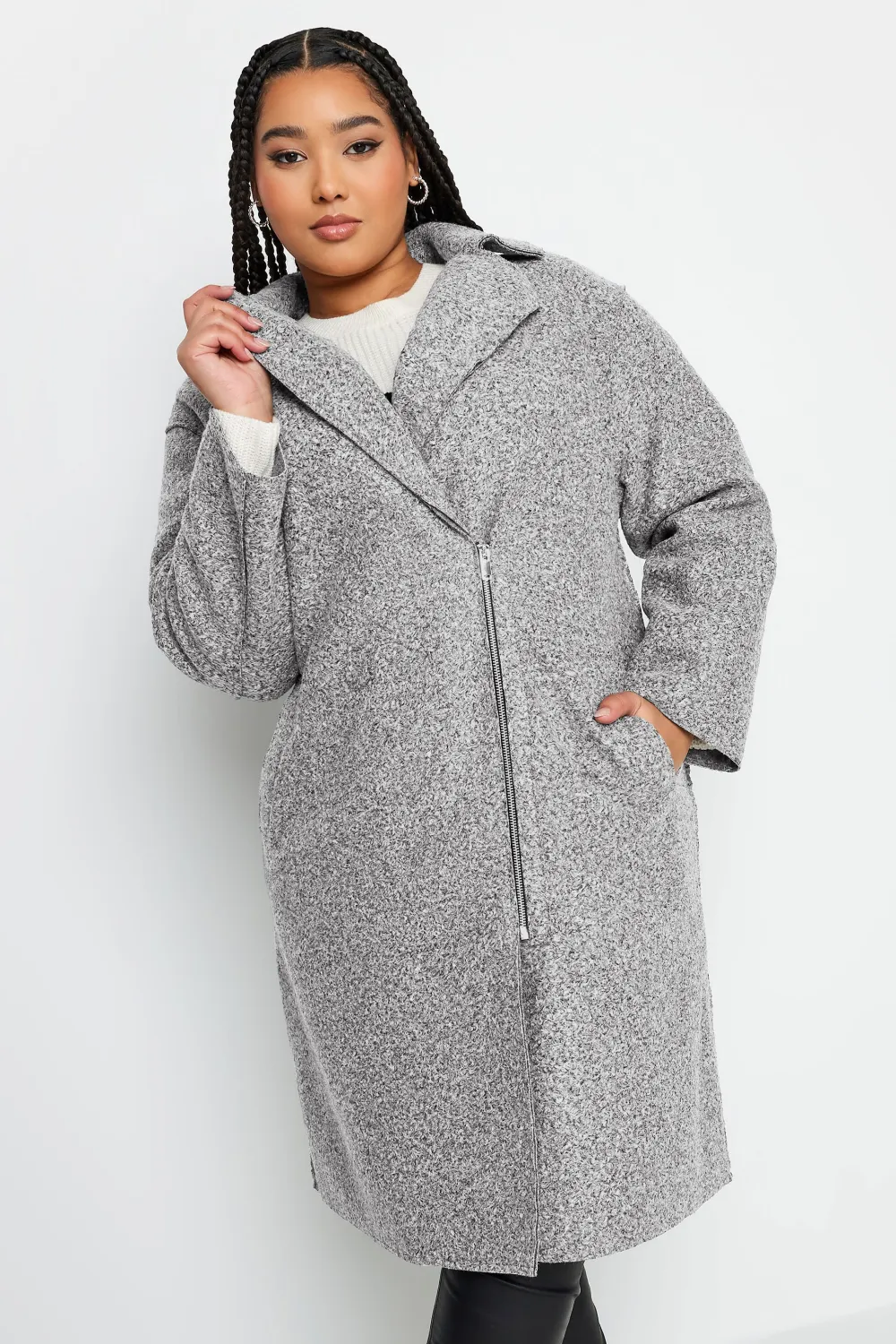 YOURS Curve Grey Boucle Biker Coat