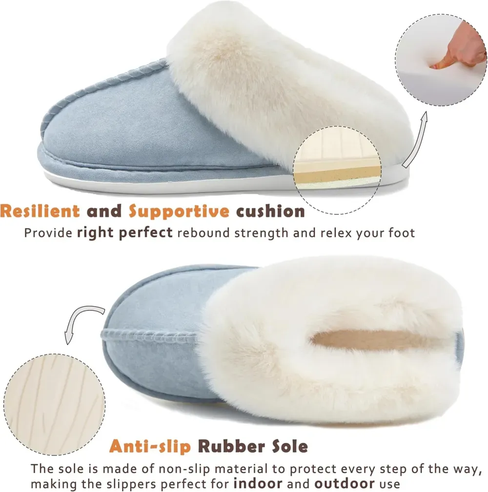 Womens Slipper with Memory Foam Fluffy Soft Warm Slip On House Slippers Anti-Skid Cozy Plush for Indoor Outdoor