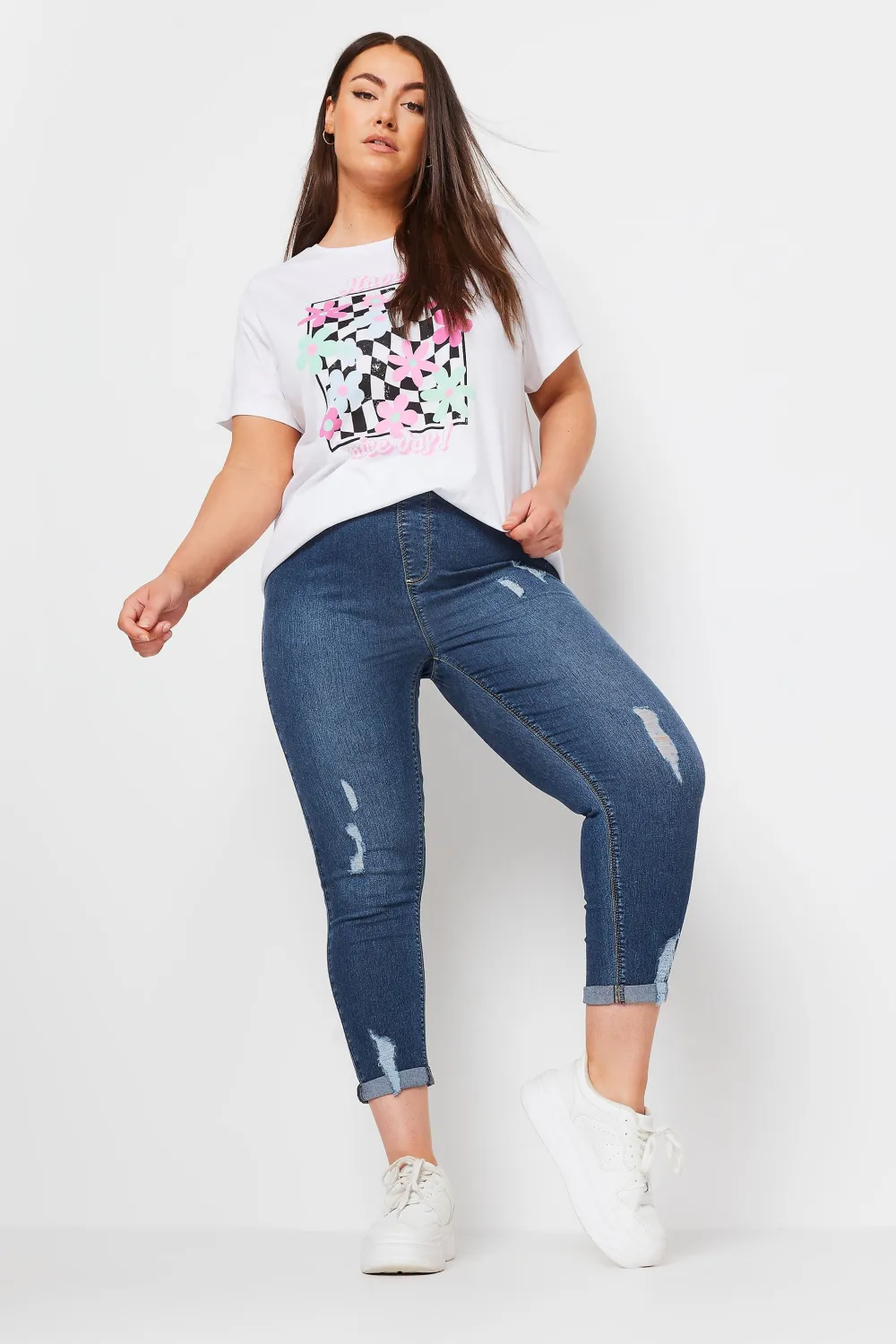 YOURS Curve Mid Wash Blue Ripped Turn Up Cropped GRACE Jeggings