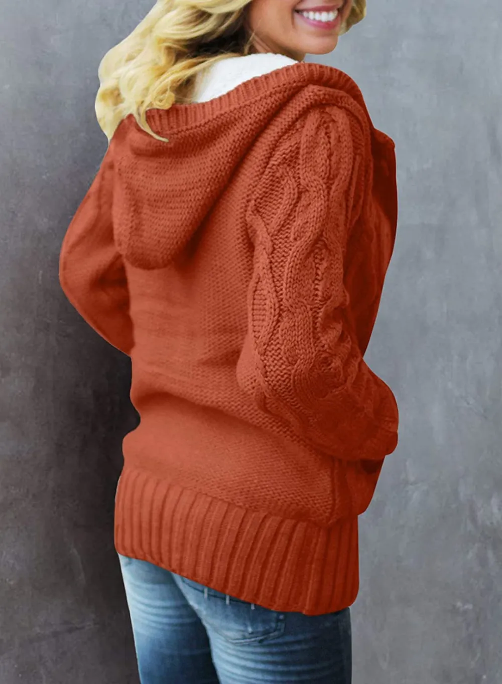 Womens Hooded Cardigans Button Up Cable Knit Sweater Coat Outerwear with Pockets
