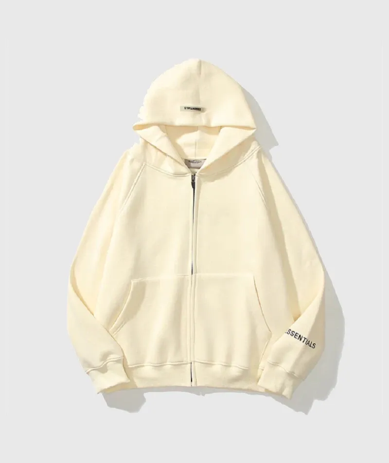 Reflective Print Zip-up Oversized Cream Hoodie