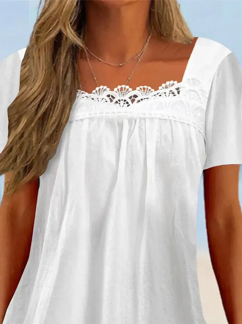 Women's Lace Short Sleeve U-neck Top