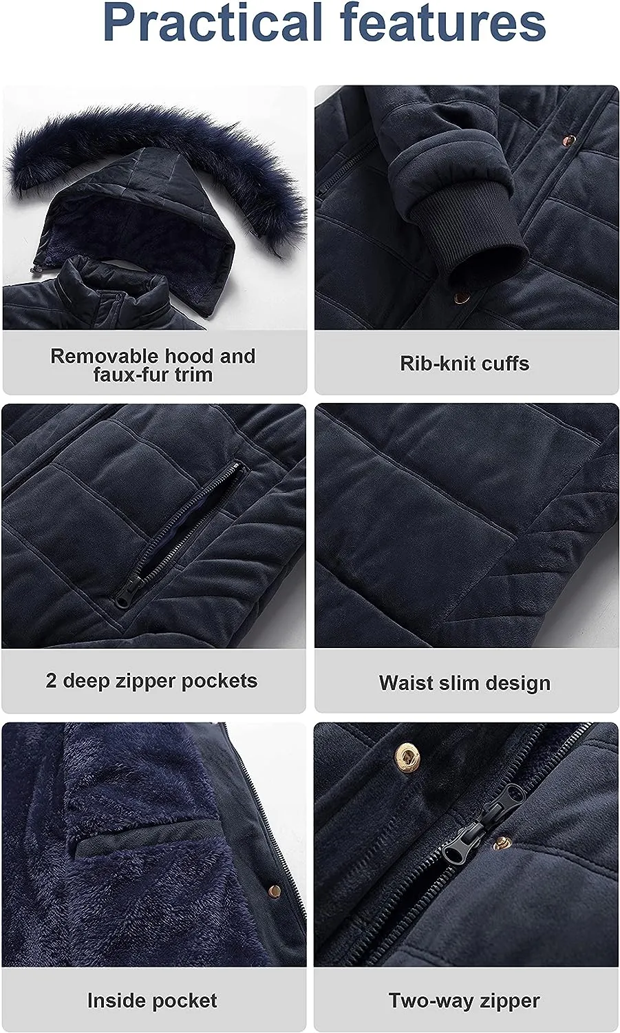 Women's Warm Winter Coat Velvet Puffer Jacket Quilted Faux Fur Hood