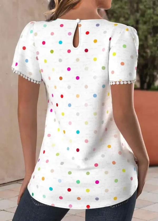 White Tuck Stitch Polka Dot Short Sleeve T Shirt