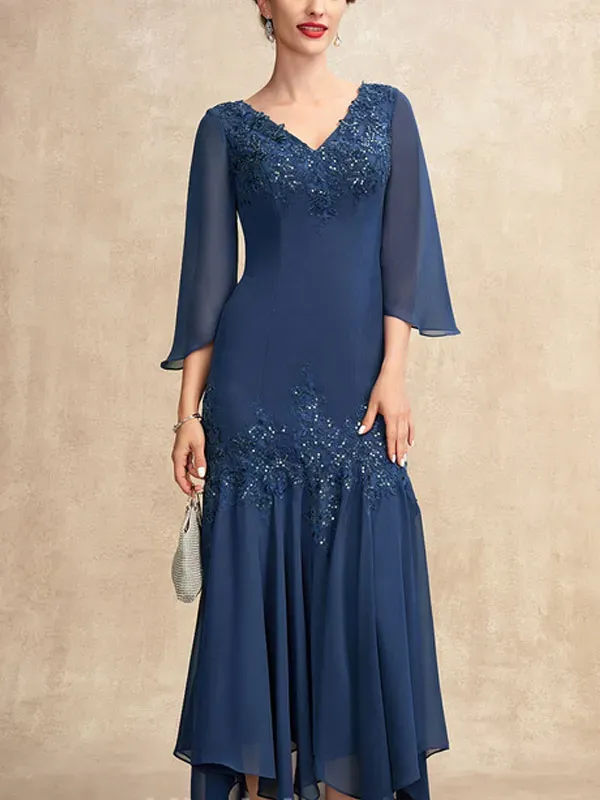 V-neck Ankle-Length Chiffon Mother of the Bride Dress With Appliques Lace Sequins