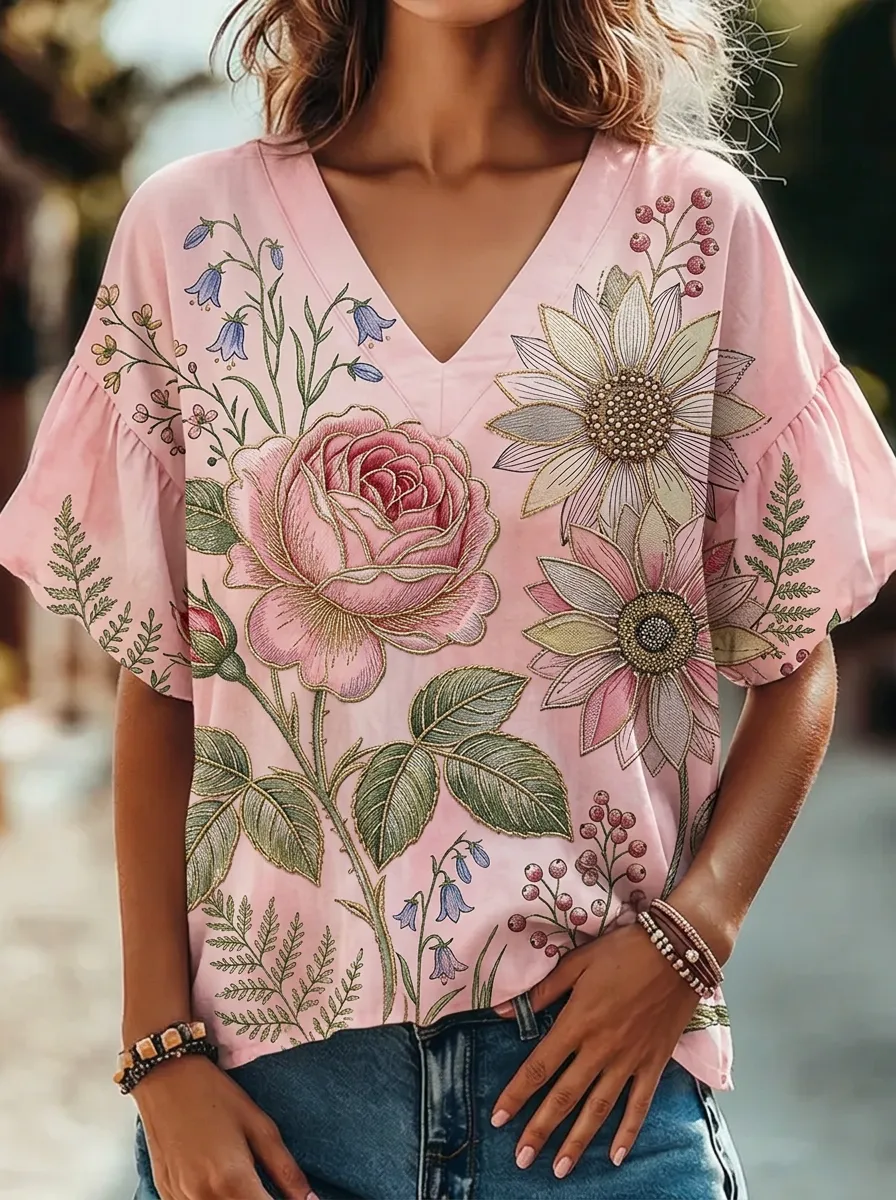 Women's Nashville Floral Rose Sunflower Printed V-neck Top