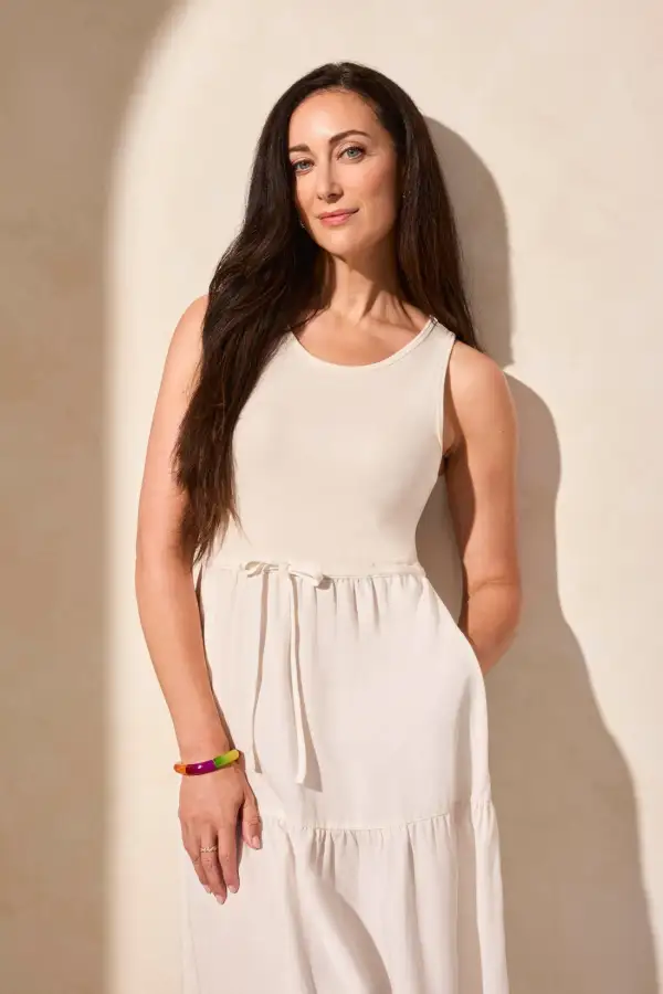 Mixmedia Sleeveless Boat Neck Tiered Midi Dress-Cocomilk