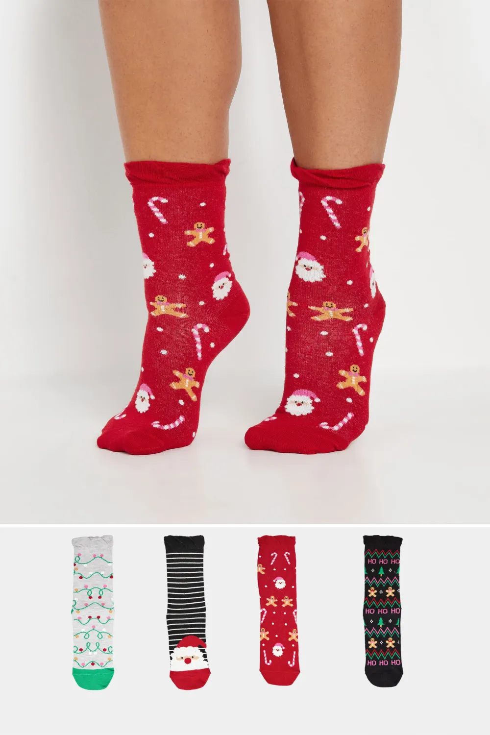 4 PACK Red & Black 'Ho Ho Ho' Slogan Christmas Ankle Socks